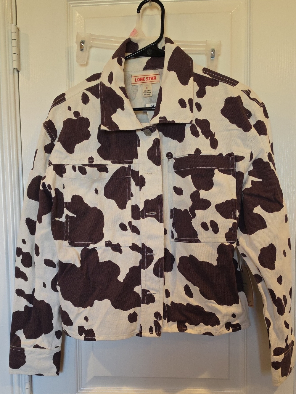 LONE STAR BRAND, Women's Cow-Print Light Denim Jacket in Brown and Cream, LARGE